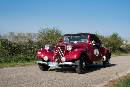 Citroën Traction Avant Cabriolet, built in 1937, during a meeting of historic cars. Ferrara, Italy - March 25, 2017