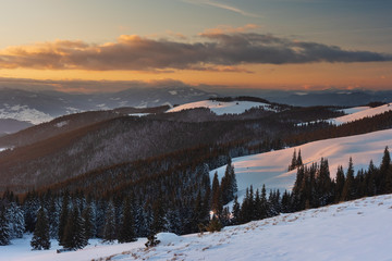 Wonderful morning in the mountainous valleys with houses in the Ukrainian Carpathians.	