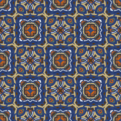 Creative color abstract geometric pattern in gold and blue, vector seamless, can be used for printing onto fabric, interior, design, textile, pillows.