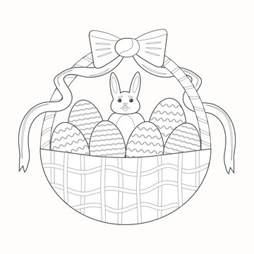 Coloring page: Easter, eggs, bunny, basket with ribbon. Coloring book. Holiday card for Easter. Vector illustration.