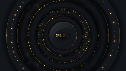 Abstract luxury circle background with golden halftone and golden ball beads. Premium Vector