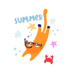 summer. cartoon cat, hand drawing lettering, decor elements. Summer colorful illustration for kids, flat style. baby design for cards, t-shirt print