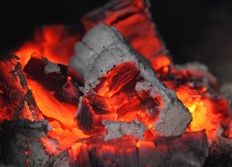Hot Embers glowing and burning in oven