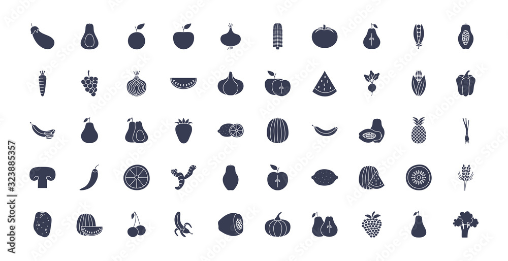 Poster Fruits and vegetables silhouette style icon set vector design