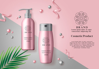 Cosmetic products vector banner template. Cosmetics mock up bottle of whitening and moisturizing products in pink packaging and elegant background. Vector illustration 