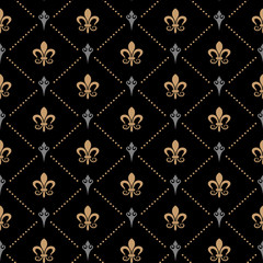 Dark seamless background. Background pattern in modern style. Textile design texture. Black, gold and silver color. Wrapping paper design