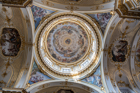 Beautiful painted ceiling Bergamo Cathedral (Duomo di Bergamo, Cattedrale di Sant'Alessandro) in Bergamo. Lombardy, Italy