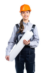Woman builder with engineering drawings in her hands smiling. Isolated