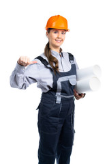 A woman-builder with engineering drawings in her hands shows herself. These workers are the best. Isolated