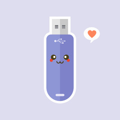 kawaii and cute USB Flash Drive icon isolated on color background. Memory Stick icon in flat style. Flash disk character with face expression. can use for technology, mascot, IT element, website, icon