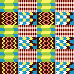 African Kente cloth style vector seamless textile pattern, tribal nwentoma design with geometric motif