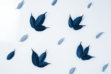 Fototapeta premium green and yellow leaves isolated on a white background. spring composition. top view, layout . flat lay. classic blue color of the year 2020. color trend