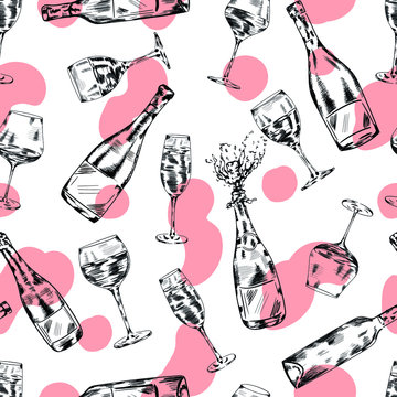 Wine, champagne bottle , glasses vector seamless pattern on white background. Concept for menu, wallpaper, wrapping paper 