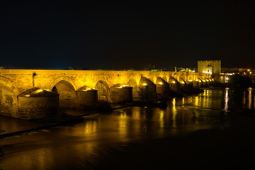 Roman bridge with Calahorra Tower at night in Cordoba, Andalusia, Spain
