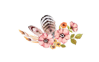 Watercolor floral composition. Pink and golden rustic flowers bouquet: rose hip, briar, leaves, feathers, isolated on white background. Hand painted natural illustration in boho style 