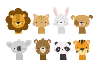 Cute animal faces in cartoon hand drawn style. Vector character illustration for baby, kids card, poster, invitation, apparel, nursery decor. Koala, lion, dog, bunny, bear, panda, tiger, cat.