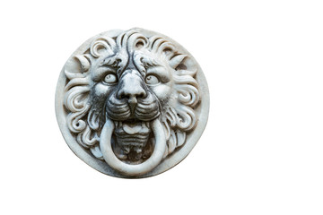 plaster head of a lion as a decoration element of a building facade isolated on white background
