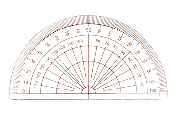 Old school maths equipment. Protractor used in engineering and technical drawing. Plastic. Isolated...