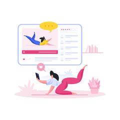 Woman doing exercises from online lessons. Flat cartoon people vector illustration