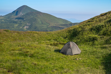 Green tourist tent in camp among meadow in the mountain.Nature background