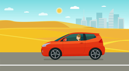 Fototapeta na wymiar Compact hatchback car with a young woman driving on a desert background. Vector flat style illustration.