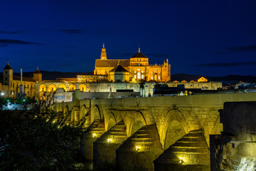 Mosque-Cathedral and the Roman Bridge in Cordoba, Andalusia, Spain at night