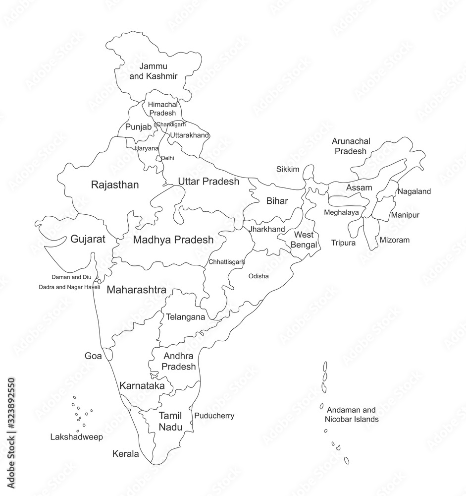 Wall mural india political map with name labels. perfect for business concepts, backgrounds, backdrop, poster, 