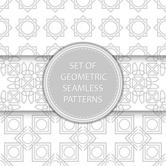 Compilation of geometric seamless patterns. Gray designs on white background