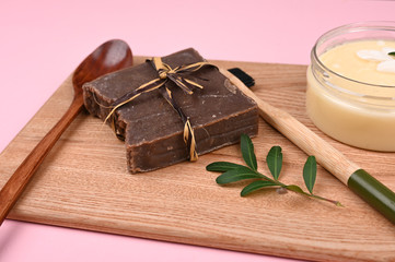 Natural soap on a trashy background. anti-aging cream. Cream for skin care. for hands. for face. cosmetics for care. flat lay.