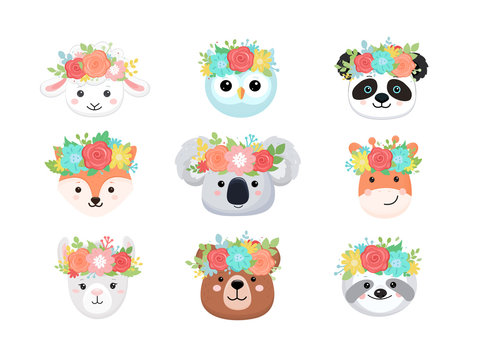 Cartoon cute faces of animals with flower crown. Vector illustrarion.