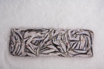 Close-up of sprat brick on the ice in fish market. Winter fishing. Frozen small silver fish. Pieces...