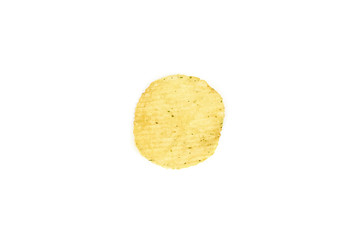 Tasty ridged potato crisps on white background