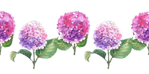 Watercolor seamless borders with blooming branches of hydrangea. Bright inflorescen