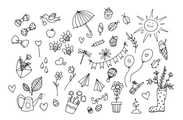 Set of spring summer icons. Hand drawn positive icons