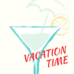 Vacation time banner. Glass of cocktail with piece of lemon.