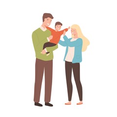 Happy cartoon family mother, father and kid vector flat illustration. Smiling young parents holding little son isolated on white background. Joyful man and woman enjoy parenthood