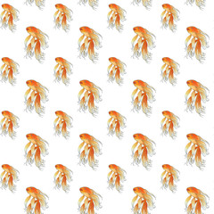 Seamless pattern of golden fish. Hand drawing sketch on white background. Watercolor illustration can be used in greeting cards, posters, flyers, banners, logo, further design etc.