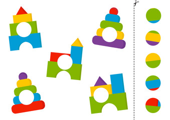 Cut and glue game with cartoon toy pyramid and tower.