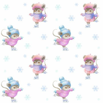 Little cute mouses ice skatings. Seamless pattern with Hand painted watercolor illustrations isolated on a white background.
