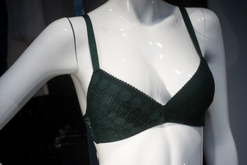 closeup of green color bra on mannequin in fashion store showroom for women