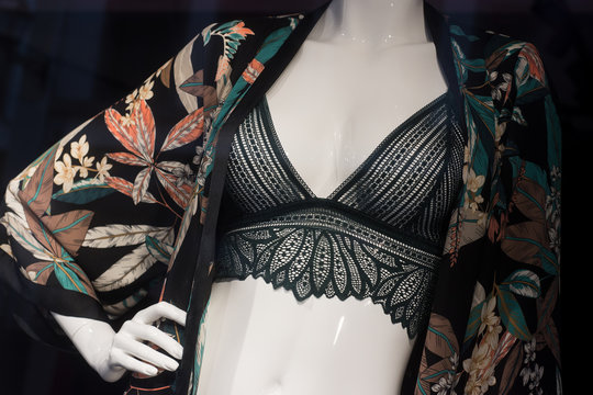 Closeup Of Green Color Underwear With Printed Pajama  On Mannequin In Fashion Store Showroom For Women