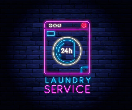 Dry Cleaning Service Neon Banner. Laundry Room Neon Symbol On Background Of Brick Wall Vector Illustration. 24 Hour Laundromat Service Night Neon Signboard.