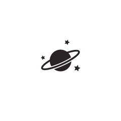 planetwith satellites and stars. Black icon isolated on white. Cosmos, universe, space sign.