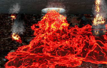 Dante's Hell, dark cavern burning with flames with a ladder to climb to heaven, angels and demons, conceptual, 3d rendering, 3d illustration