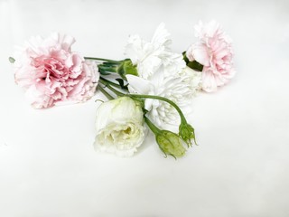 Partially blurred bouquet of white and rose flowers on a white background 