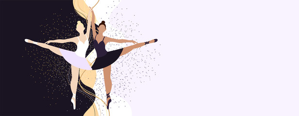 Two ballerinas are standing on pointe shoes. Blonde on a dark background and a black-skinned brunette on a light background. Beautiful girls with sparkles around.Elegant background and place for text. © Leria Kaleria