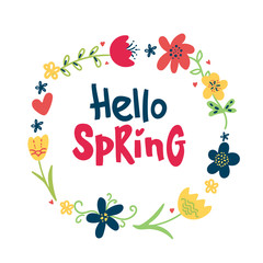 Hello spring greeting card. Hand drawn illustration with doodle Flower wreath and lettering on white background.