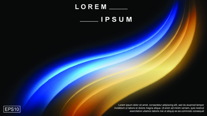 Abstract minimalist background. Yellow blue waves on a darck backdrop. Black wallpaper with light effect. Vector horizontal banner mockup