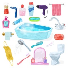 Big set with bathroom interior fixtures, accessories, washroom equipments, sanitary fittings, toiletries, personal hygiene and body, hair care products. Vector illustration isolated on white.