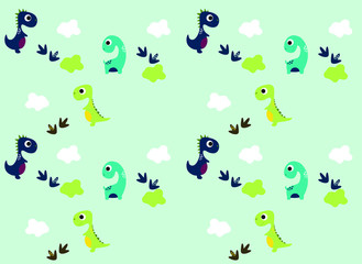Dinosaurs Vector  pattern on a blue background. Children's illustration in a funny cartoon style. Scandinavian hand-drawn background is ideal for children's clothing, textiles, wallpaper, etc